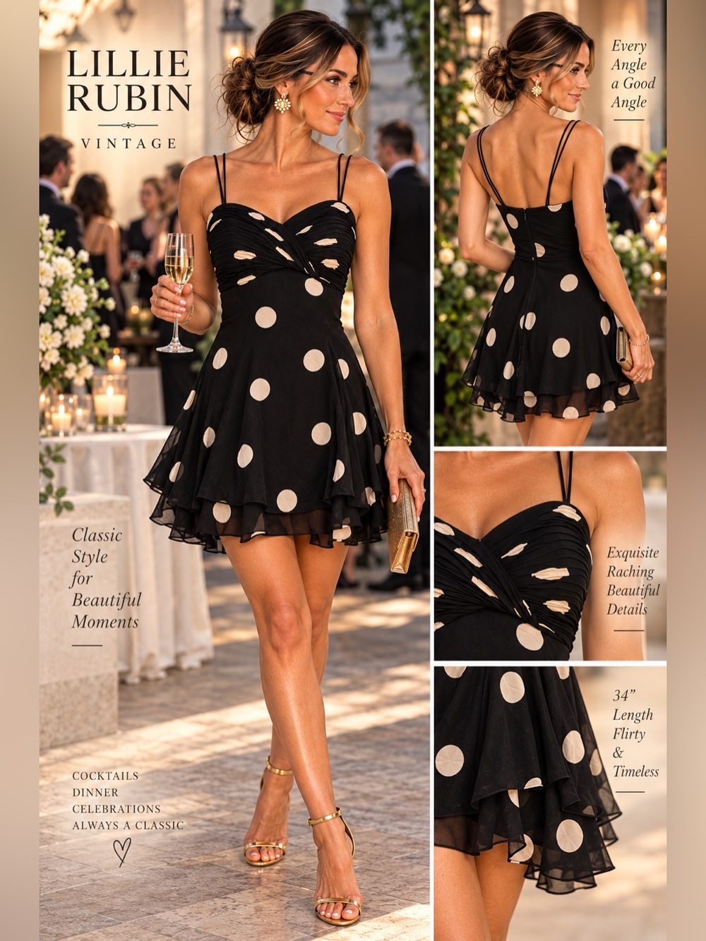 Lillie Rubin Vintage 100% Silk Ruched Polka Dot Cocktail Dress Size 6